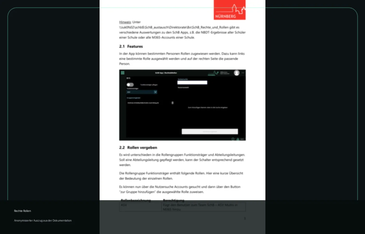 Anonymisierter Screenshot der Rechte-und-Rollen-Dokumentation